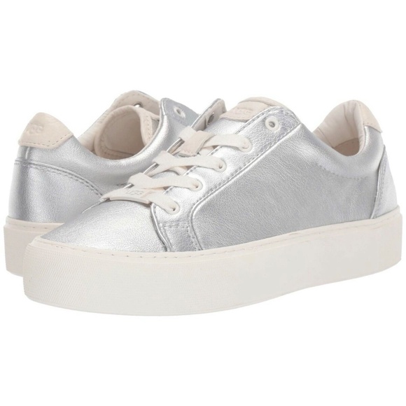 UGG ZILO Metallic Silver Leather Sneakers Trainers COMFORTABLE FLAT SHOE 9.5 - Picture 4 of 12